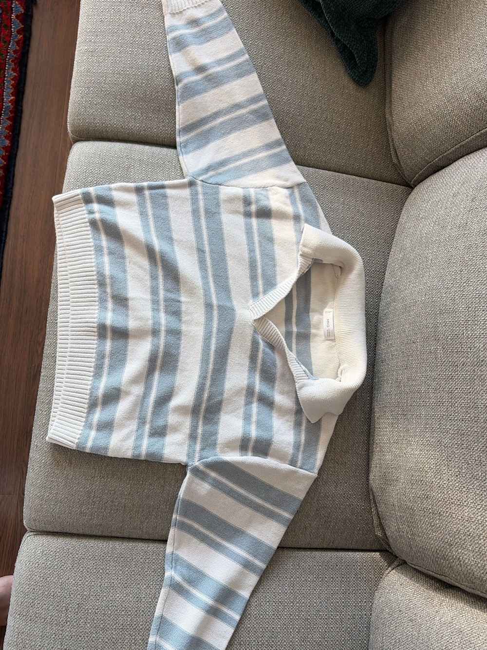 Mango Women's Striped V-Neck Sweater in White and Light Blue